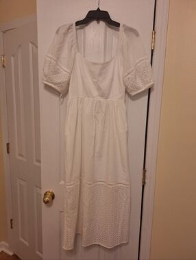 La Ligne New York White Eyelet Midi Dress with Puff Sleeves